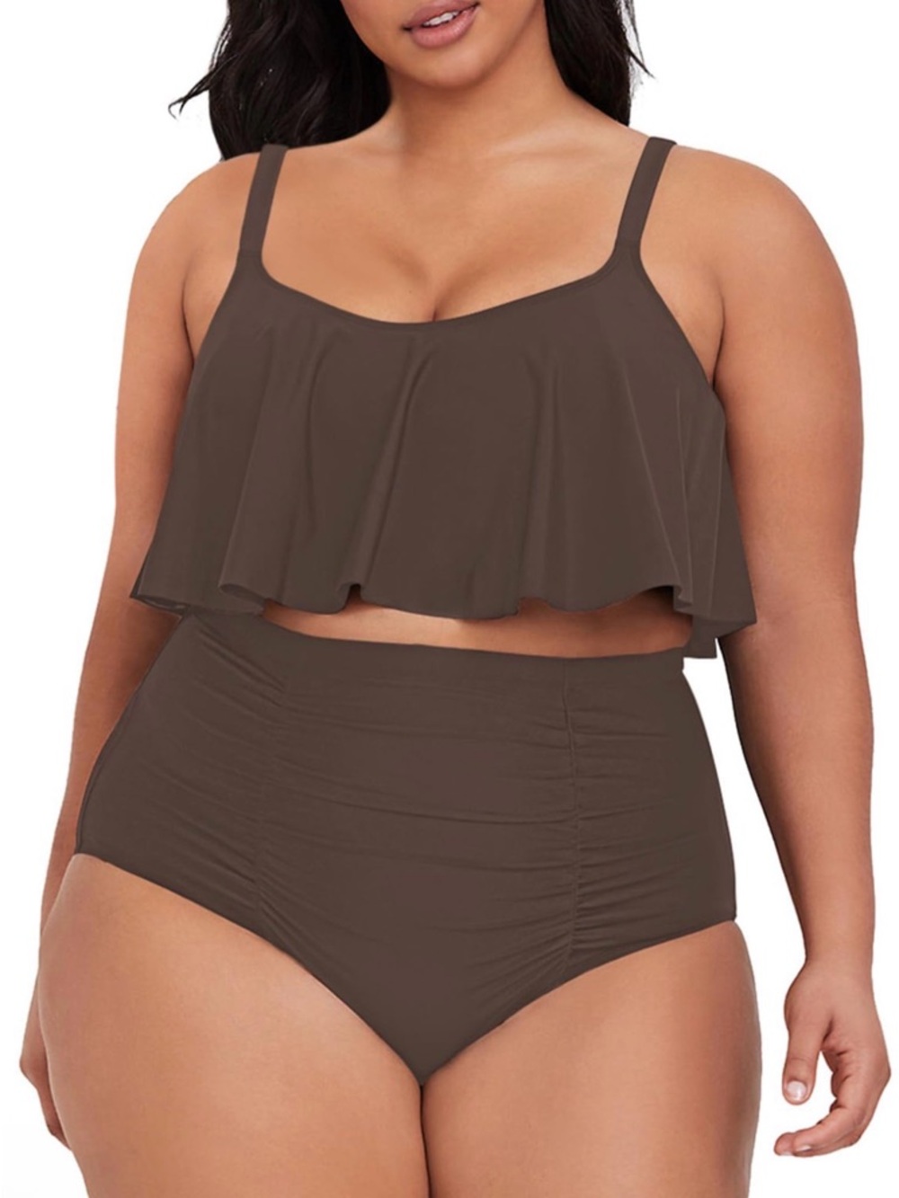 Sovoyontee Swimsuit Two Piece High Waisted Tummy Control Ruffle Dark Brown XL
